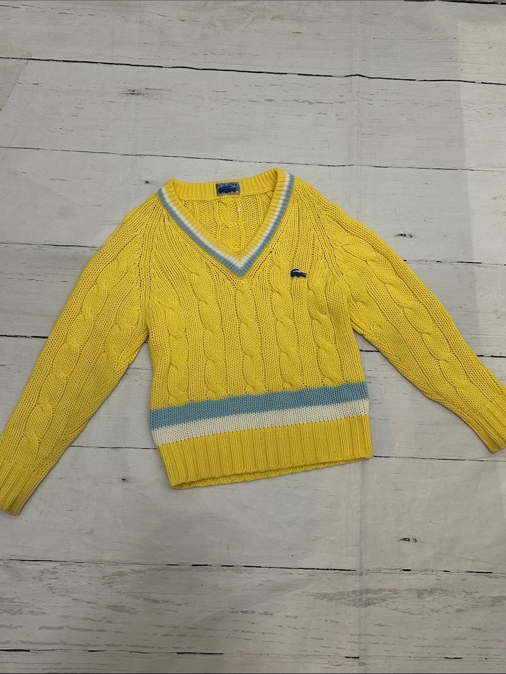 Vintage  70s IZOD Lacoste Yellow Cable V-Neck Sweater  Blue & White Trim  6/7/8